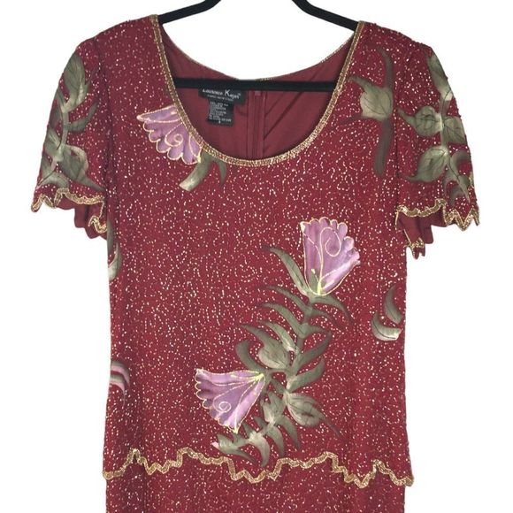 Laurence Kazar Vintage Beaded Dress Red Gold Tulips Long Evening Gown Size 8 - Picture 1 of 9